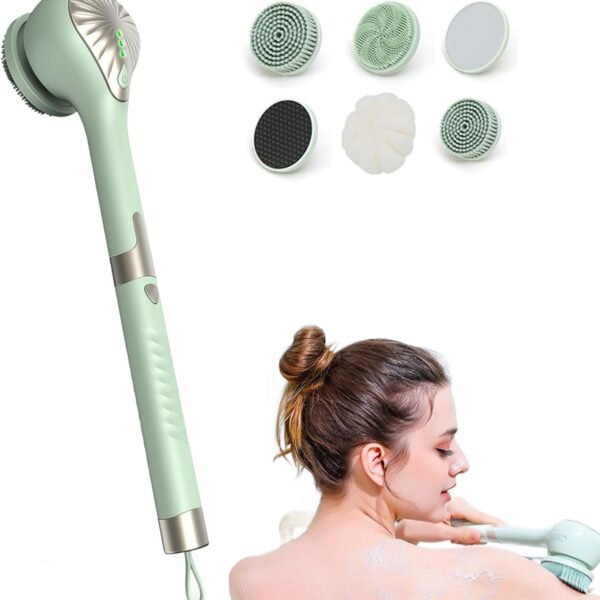 Electric Waterproof Bath Body Brush – 360° Rotating Long Handle Scrubber with 3 Brush Heads