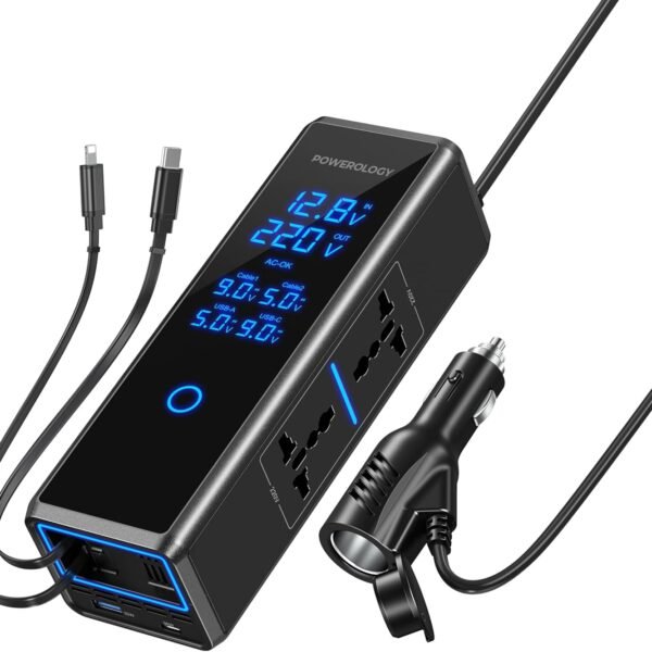 Car Power Inverter 12V DC to 220V AC – USB-C & USB-A Fast Charging Adapter, Powerology 300W
